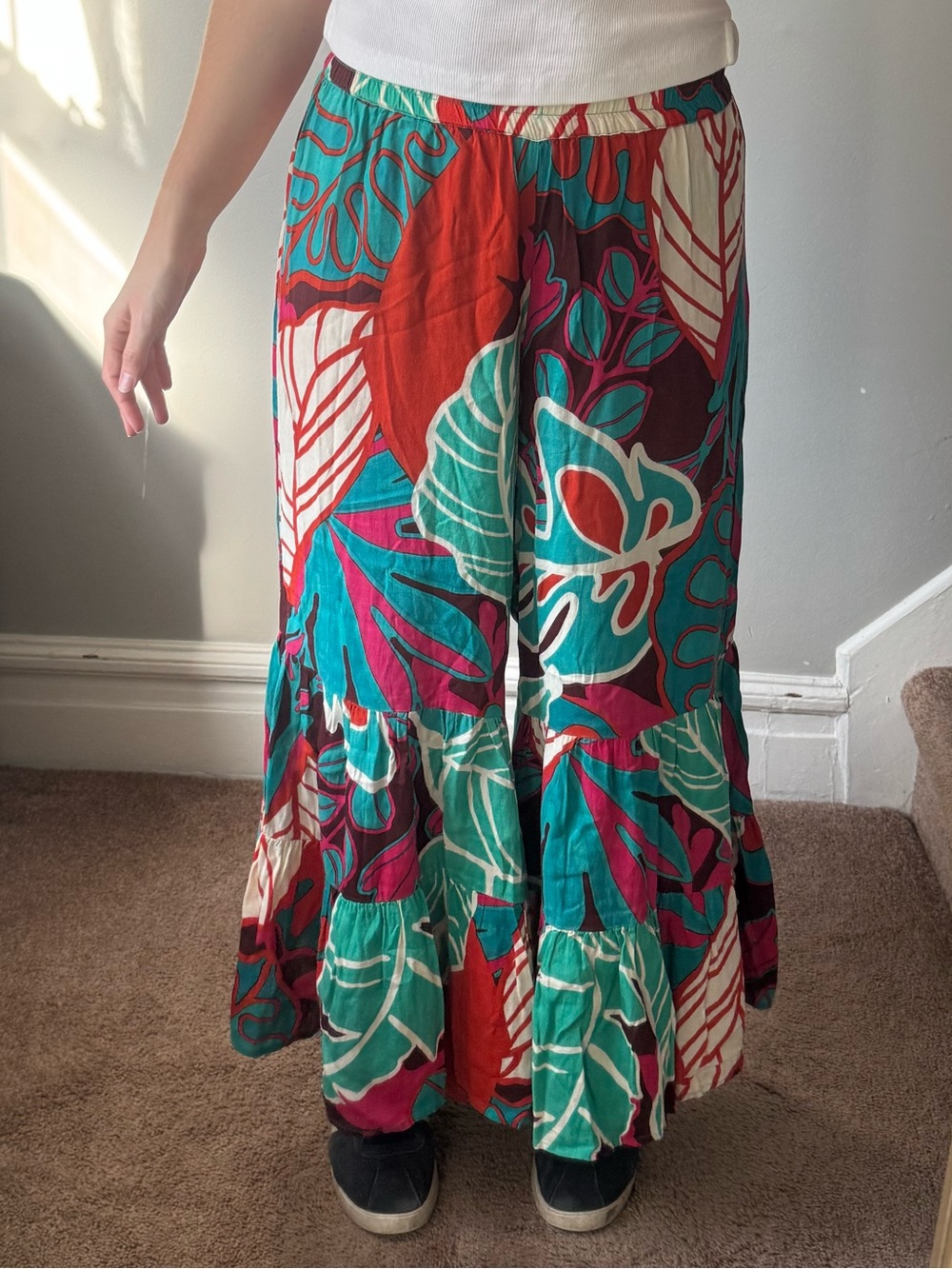 Tropical Print Tiered Flowy Pants in Teal & Coral